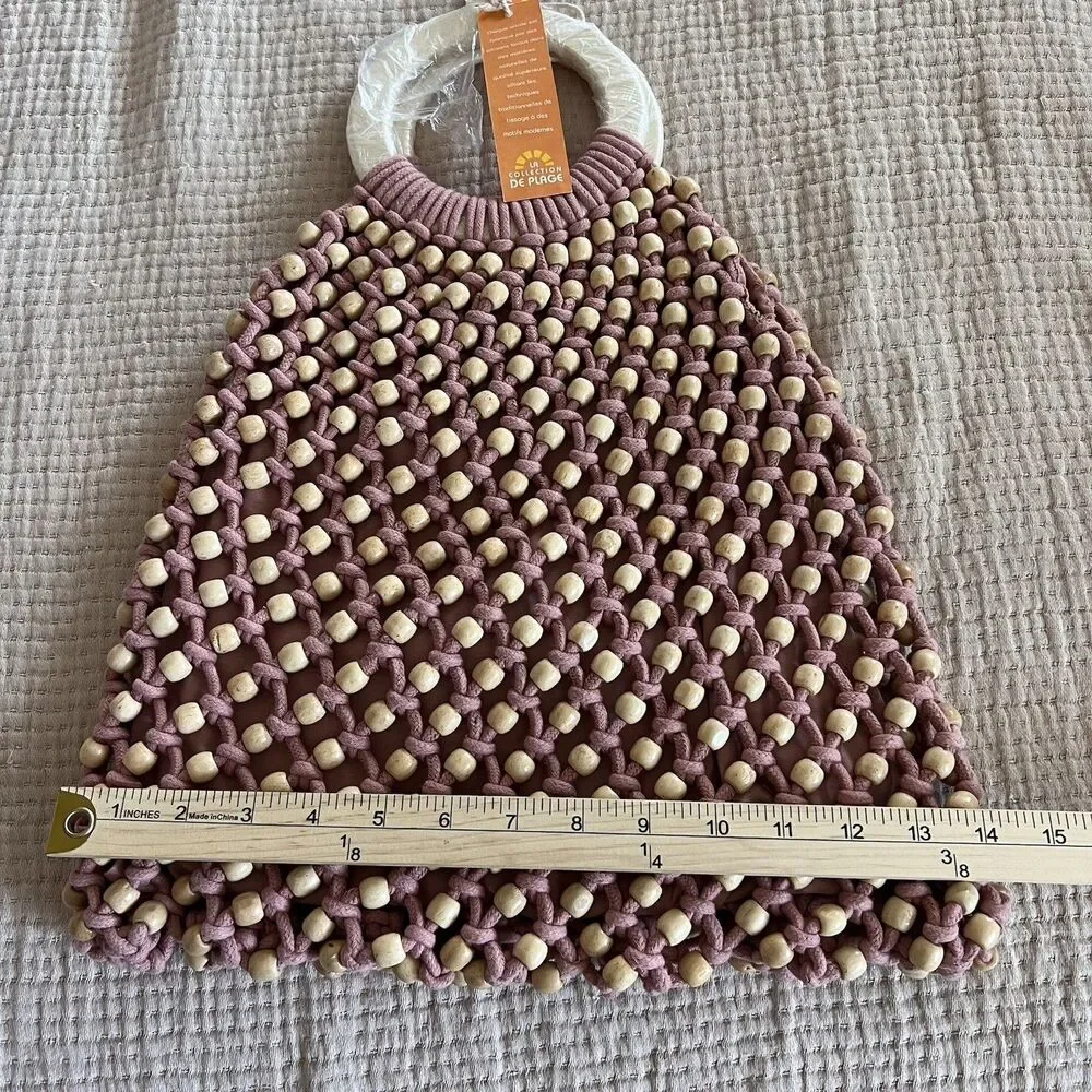 C & C California Macrame Net Wooden Beaded Handbag Purse Beach Boho Festival NEW